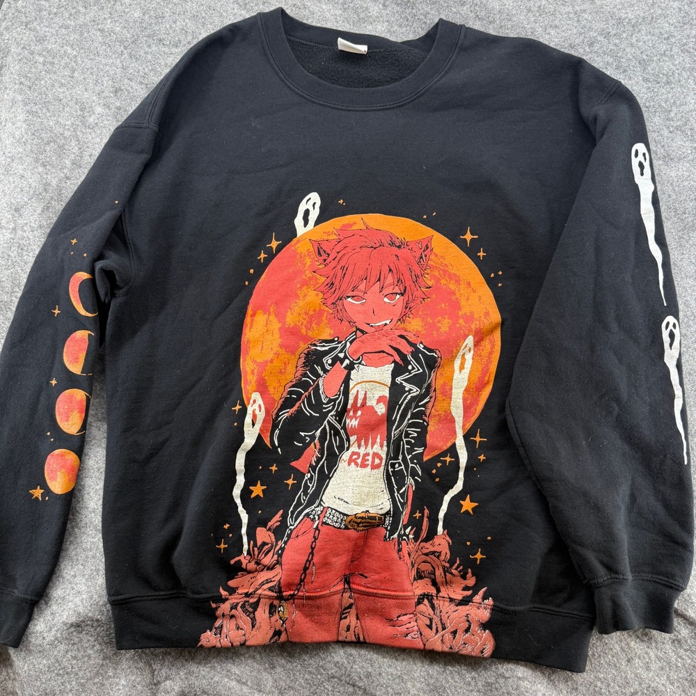 Omo Anime Wolfboy Graphic Sweatshirt Unisex XL Black Moon Ghost Streetwear